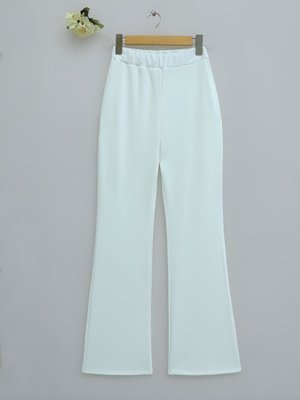 Podyumplus Beyaz İthal Kumaş İspanyol Paça Pantolon