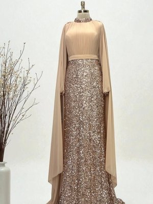 Nurbanu Kural Bakır Renk Şifon Pelerin Detaylı Eteği Boncuk İşlemeli Büyük Beden Abiye Elbise