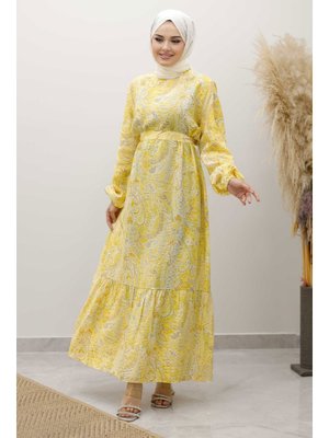 Tesettür Dünyası Sarı Şal Desen Kuşaklı