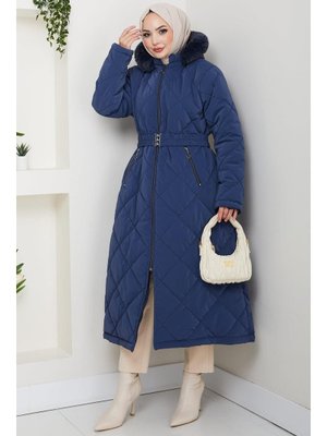 Hafsa Mina Lacivert Nova Büyük Beden Kapitone Mont