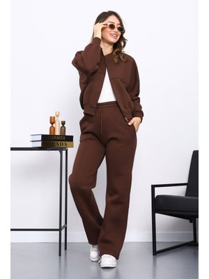 İmaj Butik Kahverengi Üç İplik Sweat Hırka Pantolonlu Takım