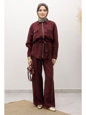 Tesettür Dünyası Bordo Beli Büzgülü Fermuarlı İkili Takım