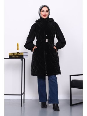 İmaj Butik Siyah Kapüşonlu Kemerli Şişme Yelek