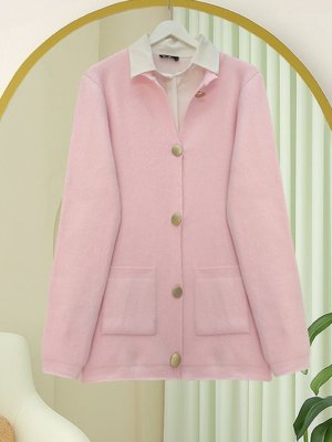 Podyumplus Pudra Önü Düğmeli Çift Cepli Yumoş Triko Hırka