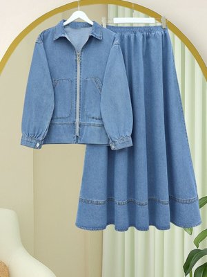 Podyumplus Buz Mavi Önü Fermuarlı Çift Cepli Etekli Kot Takım