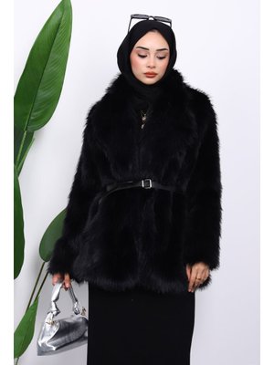 İmaj Butik Siyah Kemerli Kısa Kürk Kaban