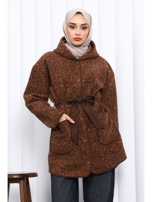 İmaj Butik Kahverengi Çırçıtlı Kuşaklı Kaşe Kaban