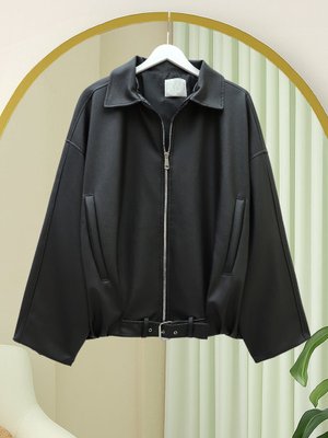 Podyumplus Siyah İçi Astarlı Beli Kat Detaylı Kemerli Deri Ceket