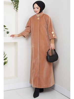 Hafsa Mina Camel Gold Düğmeli Tam Boy Kaban