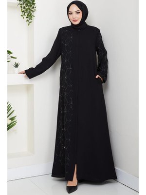 Hafsa Mina Siyah Gizli Patlı Yarım Taşlı Ferace