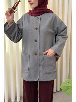 Salih Çelebi Gri Kaşe Cepli Bisiklet Yaka Ceket