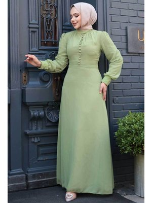 Neva Style Düğme Detaylı Fıstık Yeşili Elbise