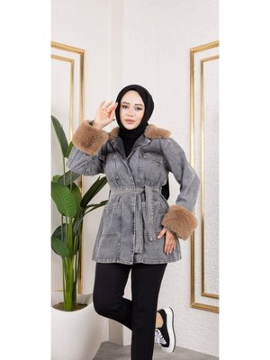 Harmatime butik Kemerli Cepli Kürk Detaylı Kot Siyah Ceket