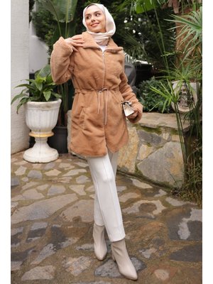 İmaj Butik Vizon Beli İpli Flato Cepli Fermuarlı Peluş Mont