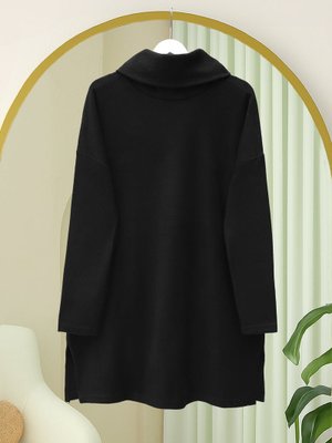 Podyumplus Siyah Balıkçı Yaka Yırtmaçlı Selanik Tunik