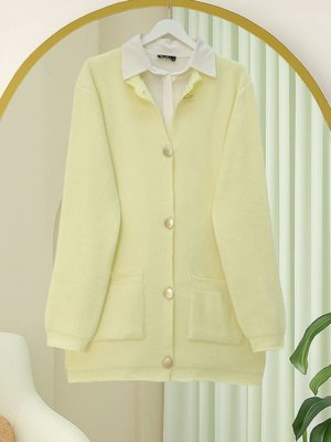 Podyumplus Açık Sarı Önü Düğmeli Çift Cepli Yumoş Triko Hırka