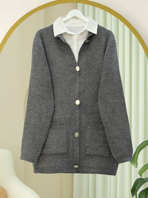 Podyumplus Füme Önü Düğmeli Çift Cepli Yumoş Triko Hırka