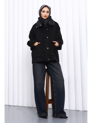 İmaj Butik Siyah Fermuarlı Astarlı Oversize Kaşe Kaban