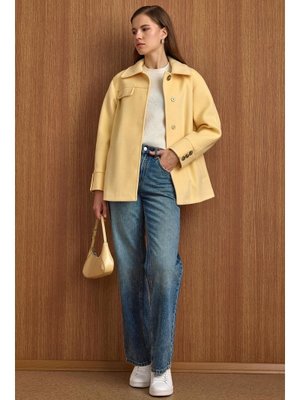 Olcay Sarı Gömlek Yaka Kuşak Detaylı Oversize Kısa Kaban