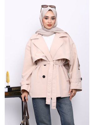 İmaj Butik Bej Kravuze Yaka Düğmeli Kısa Trençkot