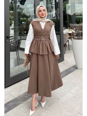 Salih Çelebi Kahverengi Tokalı Yelekli Denim Takım