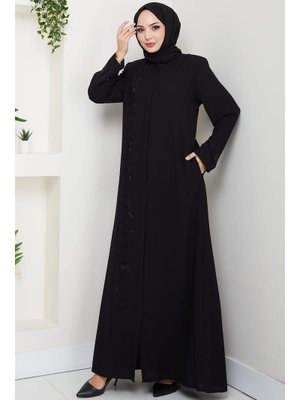 Hafsa Mina Siyah Gizli Patlı Taşlı Ferace
