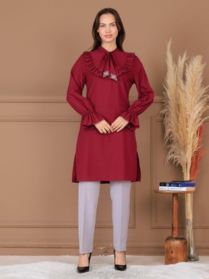 Elben Moda Bordo Asel Tunik Pantolon İkili Takım