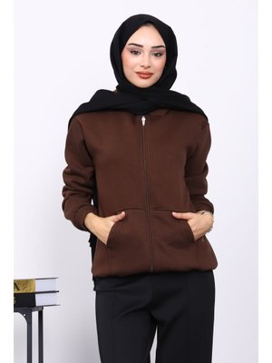 İmaj Butik Kahverengi Kanguru Cepli Şardonlu Üç İplik Hırka