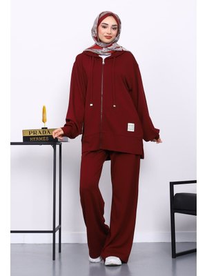 İmaj Butik Bordo Fermuarlı Tunik Pantolonlu Takım