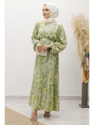 Tesettür Dünyası Yeşil Şal Desen Kuşaklı Elbise