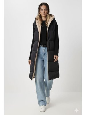 Harmatime butik Krem Siyah Yelek Çift Taraflı Kapüşonlu Cepli