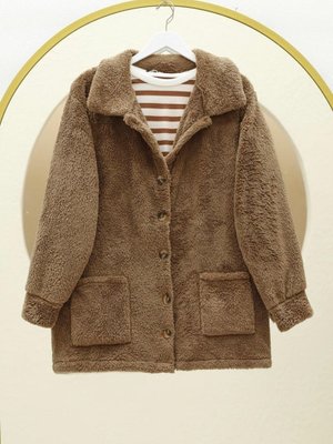 Podyumplus Taba Boydan Düğmeli Cepli Pelüş Ceket