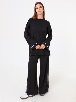 Benin Siyah Yumuşak Tuşeli Kontrast Biye Detaylı Tunik & Pantolon Takım