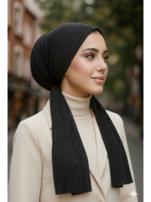 AİŞE TESETTÜR Siyah Gümüş Işıltılı Eşarp Bone