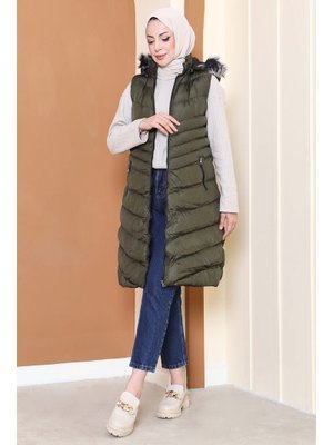 Tofisa Haki Hakı Kürk Detaylı Cepli Kapitone Yelek