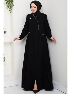 Hafsa Mina Siyah Broşlu Büyük Beden Ferace