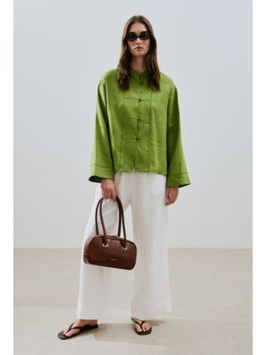 MANUKA Fıstık Yeşili Keten Önden Düğmeli Gömlek