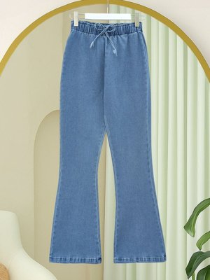 Podyumplus Mavi Beli Lastikli Bağcık Detaylı İspanyol Paça Kot Pantolon