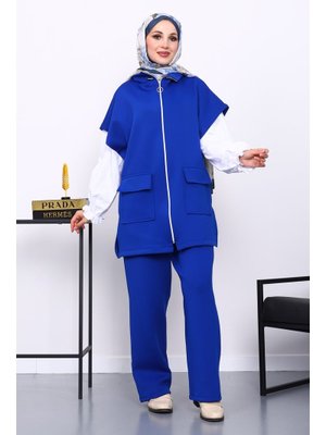İmaj Butik Saks Mavi Fermuarlı Yelek Pantolonlu Scuba Takım