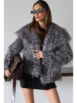 Olcay Gri Mendil Yaka Saçaklı Leopar Desen Suni Kürk Ceket
