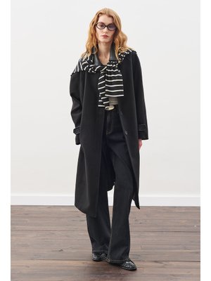 MANUKA Siyah Deri Detaylı Kaşe Kaban