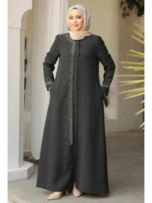 Neva Style Boncuk Detaylı Koyu Petrol Yeşili Abaya 26331kpy