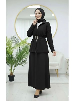 Volt Clothing Siyah Loyşa Kemer Detaylı Etekli Takım