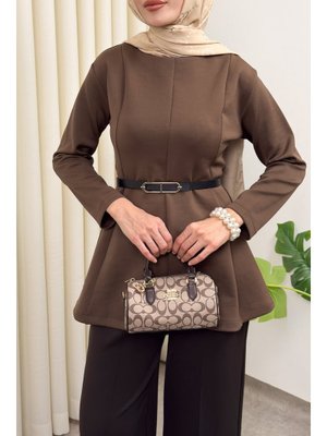 Salih Çelebi Açık Kahve Kemerli Peplum Bluz