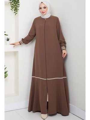 Hafsa Mina Kahverengi Çizgi Detaylı Ferace