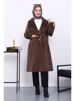 İmaj Butik Kahverengi Kruvaze Yaka Kol Apoletli Angora Kaban