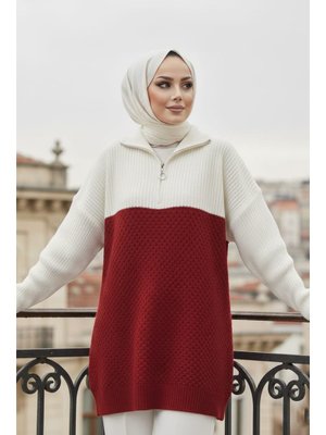Neva Style Blok Renkli Kırmızı Triko Kazak Tunik 87501k
