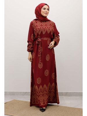 Tesettür Dünyası Bordo Çini Desenli Viskon Elbise