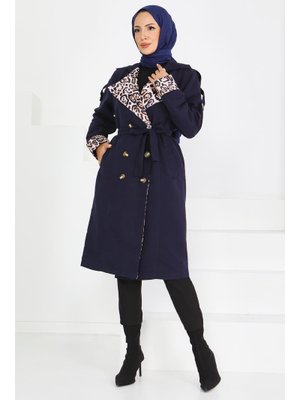 Tofisa Lacıvert Lacivert Düğmeli Leopar Detaylı Miranda Trençkot