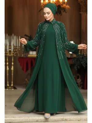 Neva Style Boncuk İşlemeli Zümrüt Yeşili Abaya Takım 25903zy
